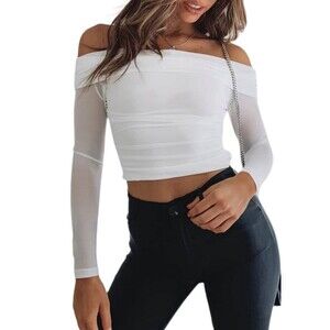 Off shoulder sheer sleeved crop top